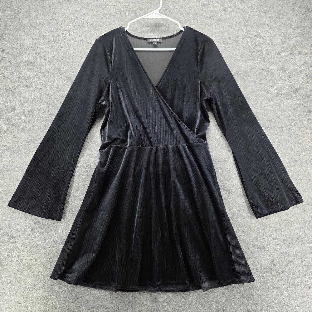 Express Dress Womens M Black Fit & Flare Short Wrap Velvet Long Sleeve Party